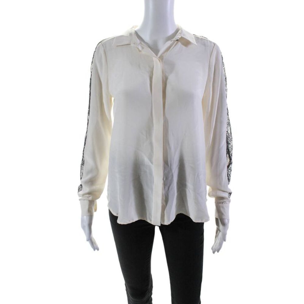 TJ Collection Womens Silk Cream Lace Trim Long Sleeve Button Down Shirt Size S